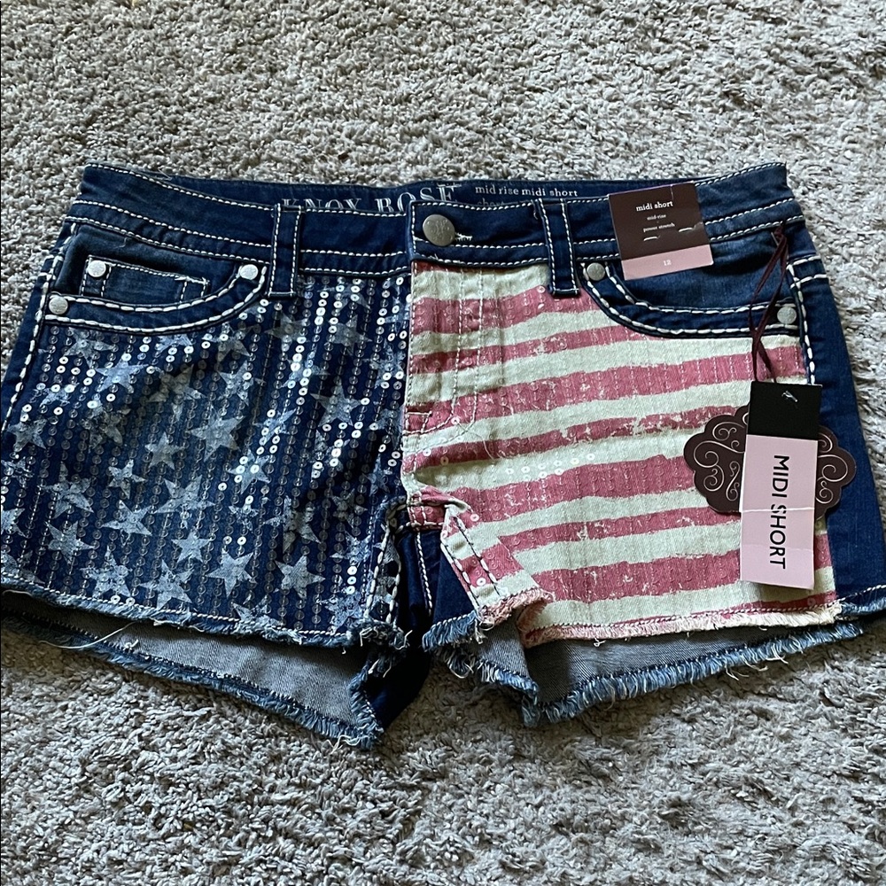 Knox Rose Americana Flag Sequin Denim Shorts - Blue & Red